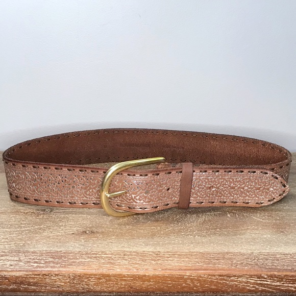 VINTAGE Brown with silver foil wide belt brass buckle - Picture 2 of 7